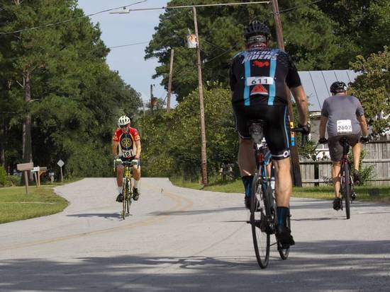 One biker on left